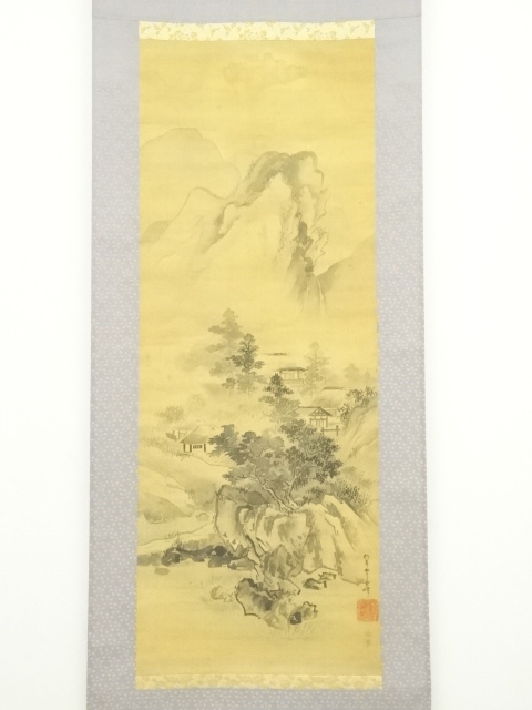 西 峰 筆 絹本水墨山水画 肉筆 軸先木製